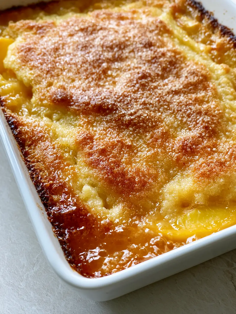 Close-up of Paula Deen Peach Cobbler showing the caramelized edges and visible yellow peach slices.
