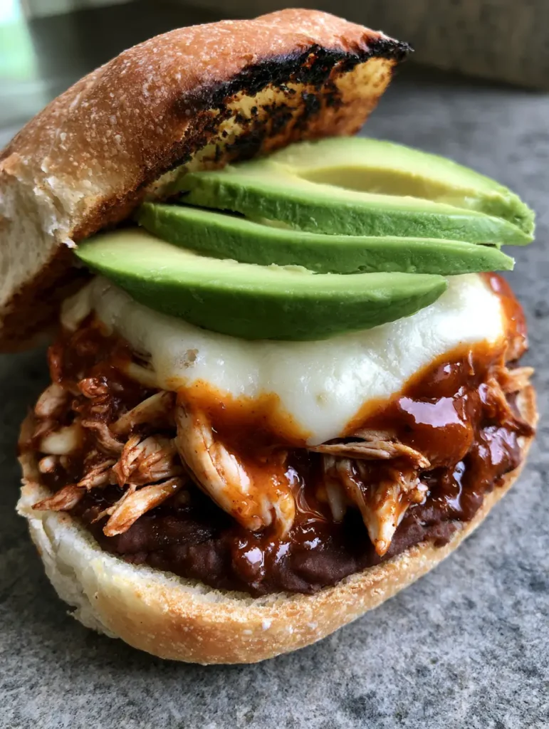 Visual details of the charred bolillo bread and crescent avocado slices on a Chipotle Chicken Torta.
