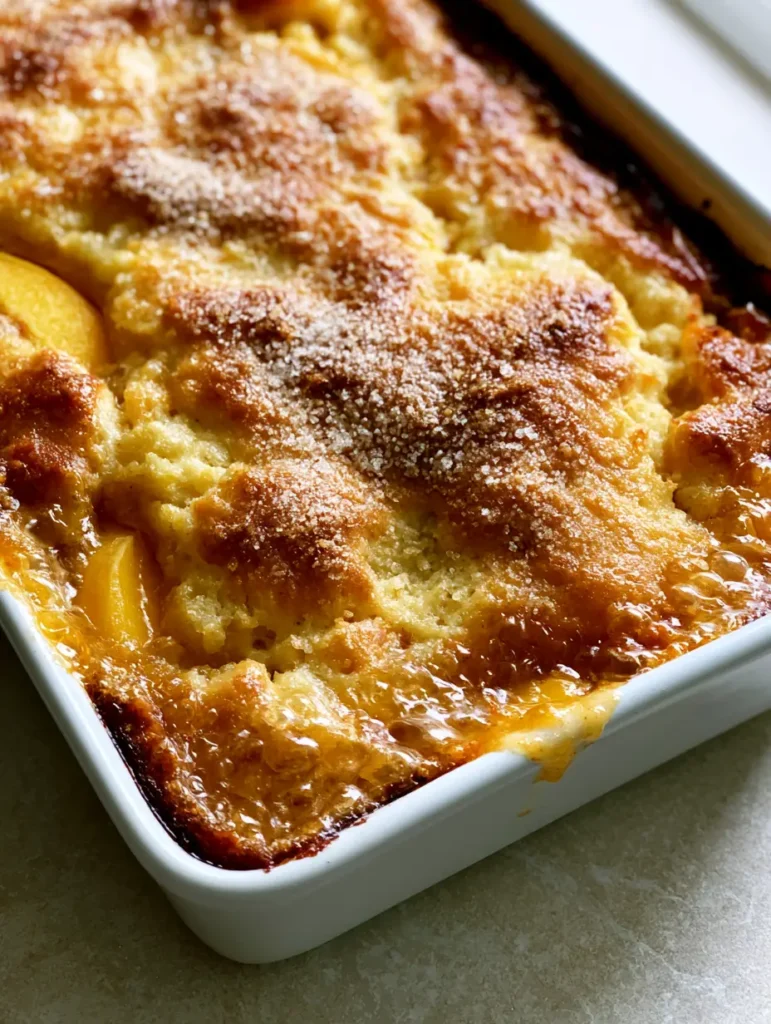 Top-down angled shot of Southern peach cobbler on a neutral stone surface. (Paula Deen Peach Cobbler)