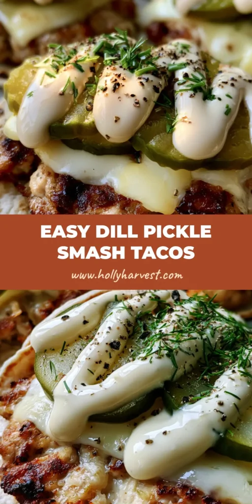 Dill Pickle Ranch Smash Chicken Tacos: The Crispy, Zesty Dinner You Need 4 A close-up handheld photo of three Dill Pickle Ranch Smash Chicken Tacos featuring crispy ground chicken, melted white cheddar, and a ranch drizzle.