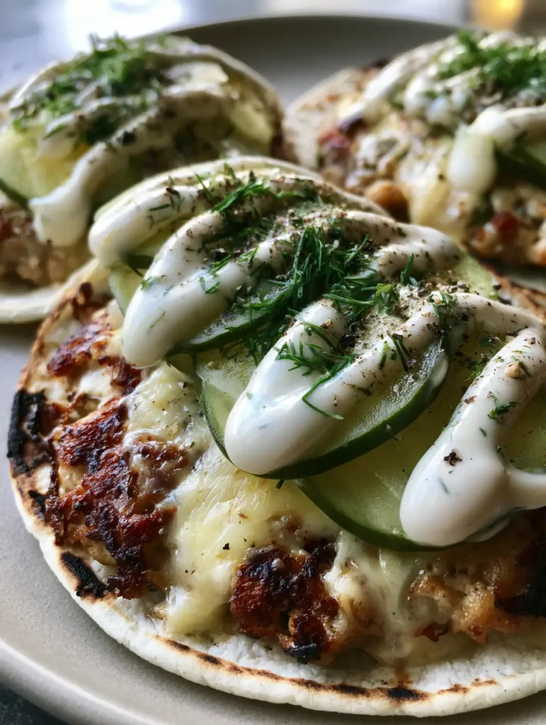 Dill Pickle Ranch Smash Chicken Tacos: The Crispy, Zesty Dinner You Need 2 Three smash chicken tacos on a neutral surface showing thin patties with crispy charred edges and melted cheese. (Dill Pickle Ranch Smash Chicken Tacos)