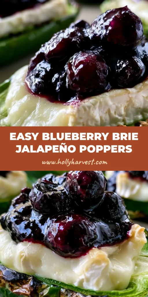 A close-up of handheld Blueberry Brie Jalapeño Poppers featuring roasted green pepper halves, melted white brie, and a glossy purple blueberry sauce.