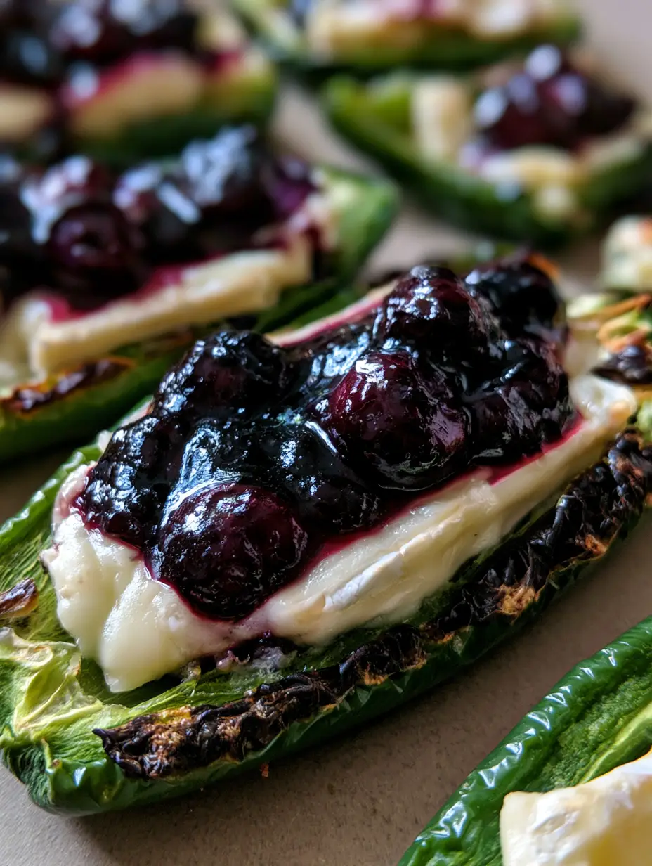 Close-up of roasted jalapeño halves filled with melted brie and a thick blueberry sauce topping. (Blueberry Brie Jalapeño Poppers)