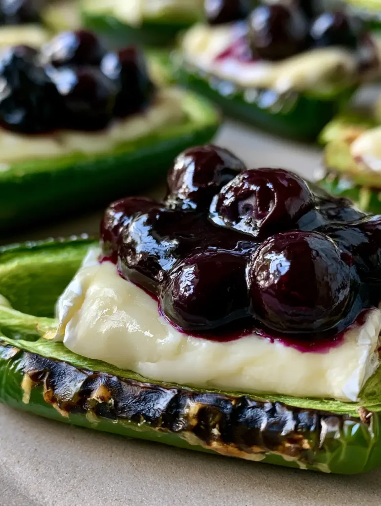 A smartphone photo of gooey melted brie topped with glossy blueberry compote on blistered jalapeño halves.