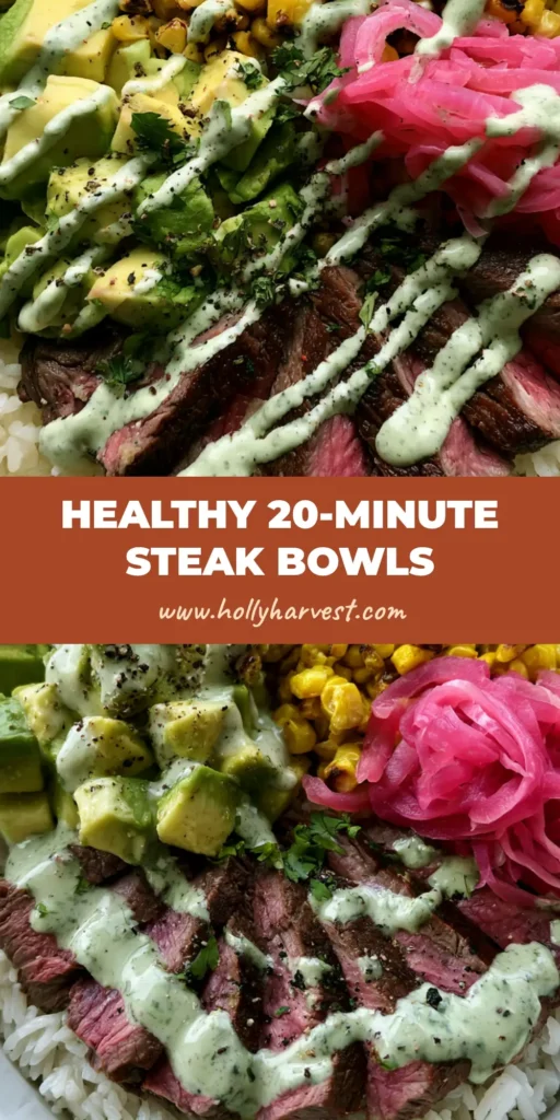 Steak and Avocado Bowl with Charred Corn and Cilantro Cream 4 A top-down smartphone photo of a round white ceramic bowl containing seared beef sirloin, cubed avocado, charred corn, and pickled red onions over white rice, finished with a cilantro cream drizzle. (Steak and Avocado Bowl)