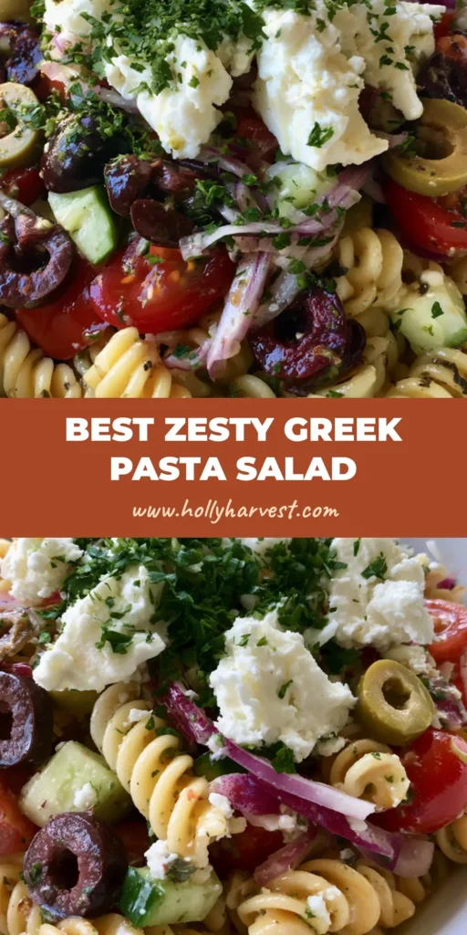 Greek Olive Pasta Salad with a Zesty Translucent Herb Vinaigrette 4 A shallow white ceramic bowl containing Greek Olive Pasta Salad with rotini, kalamata olives, green olives, cherry tomatoes, and feta cheese. (Greek Olive Pasta Salad)