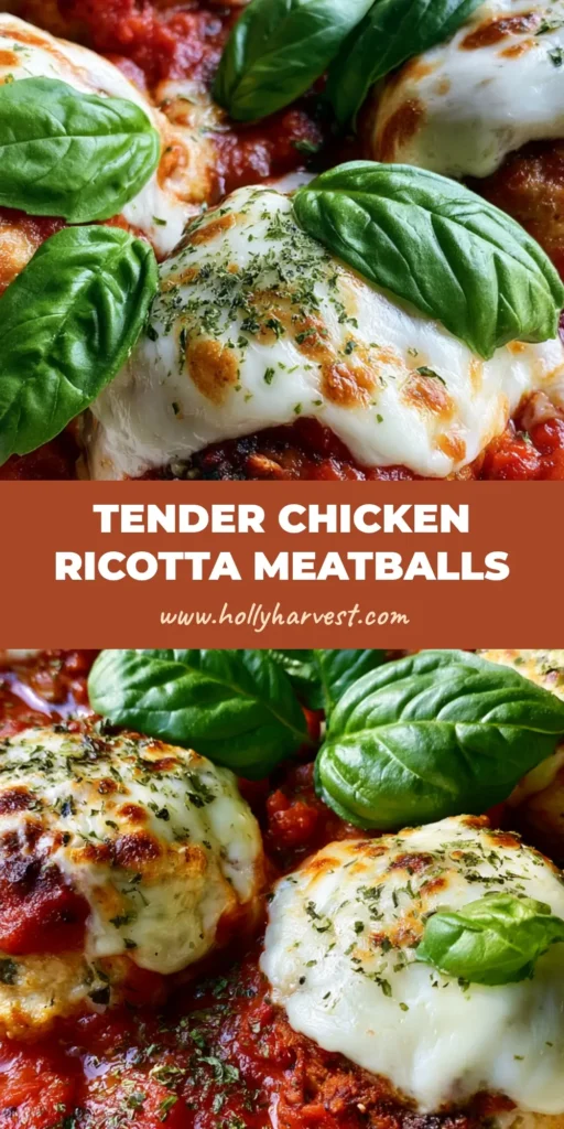 Baked Chicken Ricotta Meatballs with Melted Mozzarella and Fresh Basil 3 A rustic white bowl filled with golden-brown Baked Chicken Ricotta Meatballs smothered in red sauce and melted mozzarella.