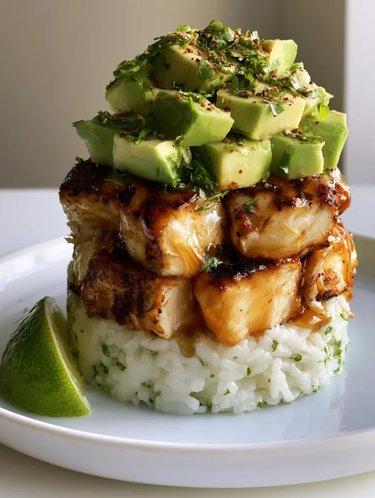 Side view of a Honey Lime Chicken Avocado Stack showing the distinct layers of cilantro rice, glazed chicken, and cubed avocado.