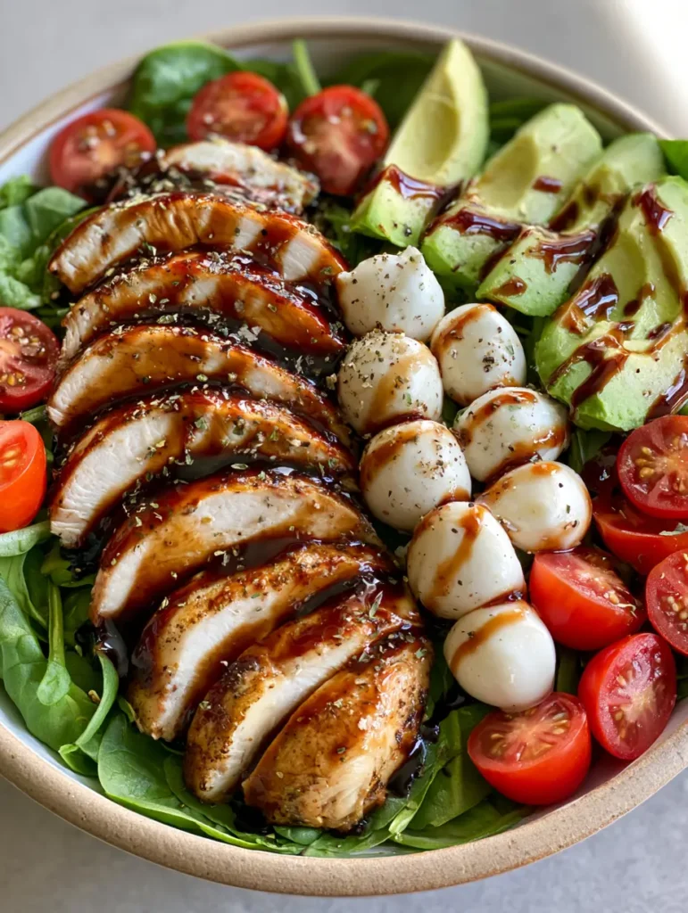 Balsamic Chicken Salad with Avocado and Fresh Mozzarella 1 Close up of sliced oven-baked chicken breast with golden seared edges next to fresh mozzarella balls. (Balsamic Chicken Salad)