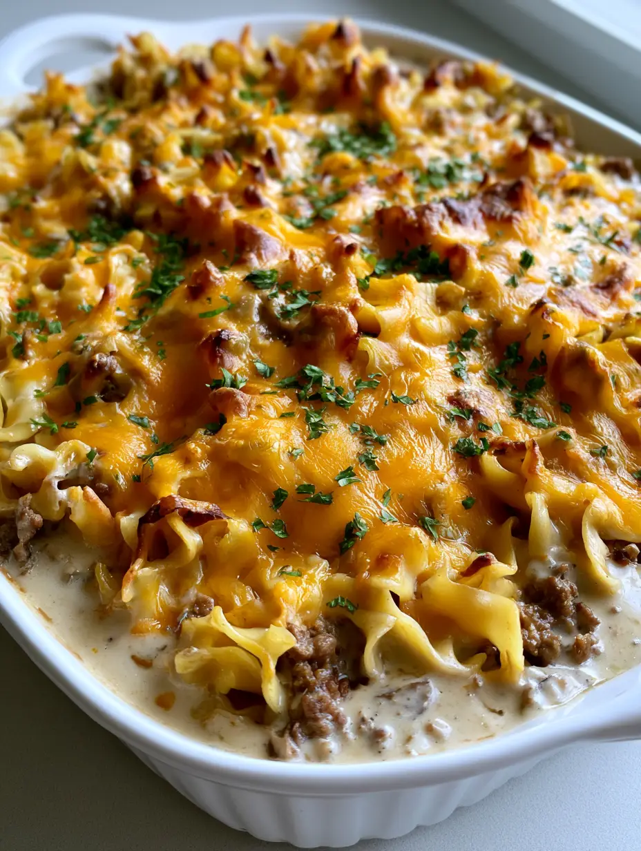 Amish Hamburger Casserole showing the wavy egg noodles and bubbling beige mushroom sauce. (Amish Hamburger Casserole)