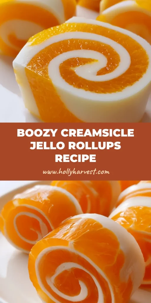 Creamsicle Vodka Jello Rollups: The Ultimate Boozy Party Treat 4 A close-up of orange and white Creamsicle Vodka Jello Rollups arranged on a white plate, showing the tight spiral coil and glossy texture.