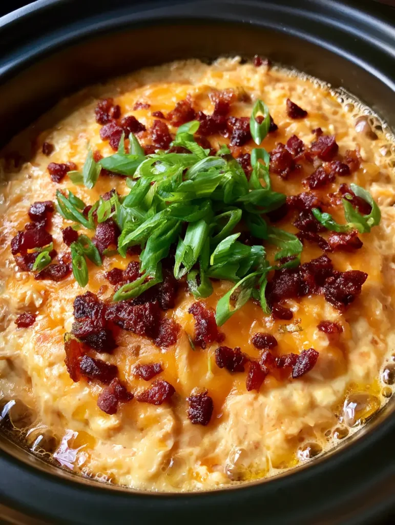 Slow Cooker Crack Chicken: The Ultimate Creamy Ranch and Bacon Delight 1 Close up of bubbling melted cheese, dark red-brown bacon bits, and bright green scallions. (Slow Cooker Crack Chicken)