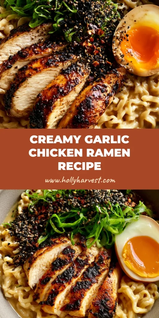 Garlic Chicken Ramen with a Velvety Miso Cream Sauce 4 A top-down view of Garlic Chicken Ramen in a gray bowl featuring seared chicken slices, a jammy egg, and wavy noodles in creamy sauce.