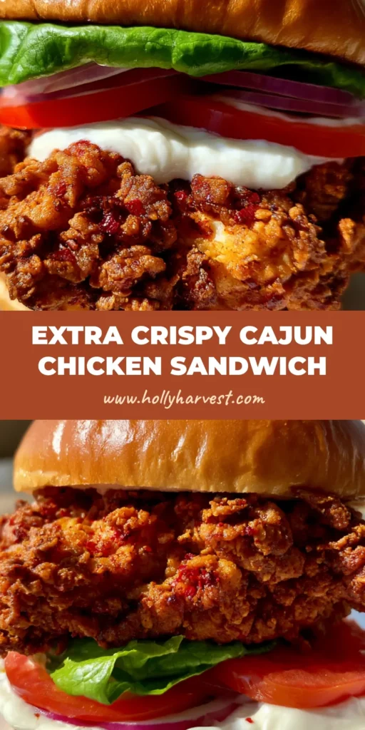 Cajun Crispy Chicken Sandwich: The Ultimate Spicy Fried Chicken Recipe 3 A handheld gourmet Cajun Crispy Chicken Sandwich featuring a craggy, dark golden-brown fried breast on a glossy brioche bun with red onion and tomato.