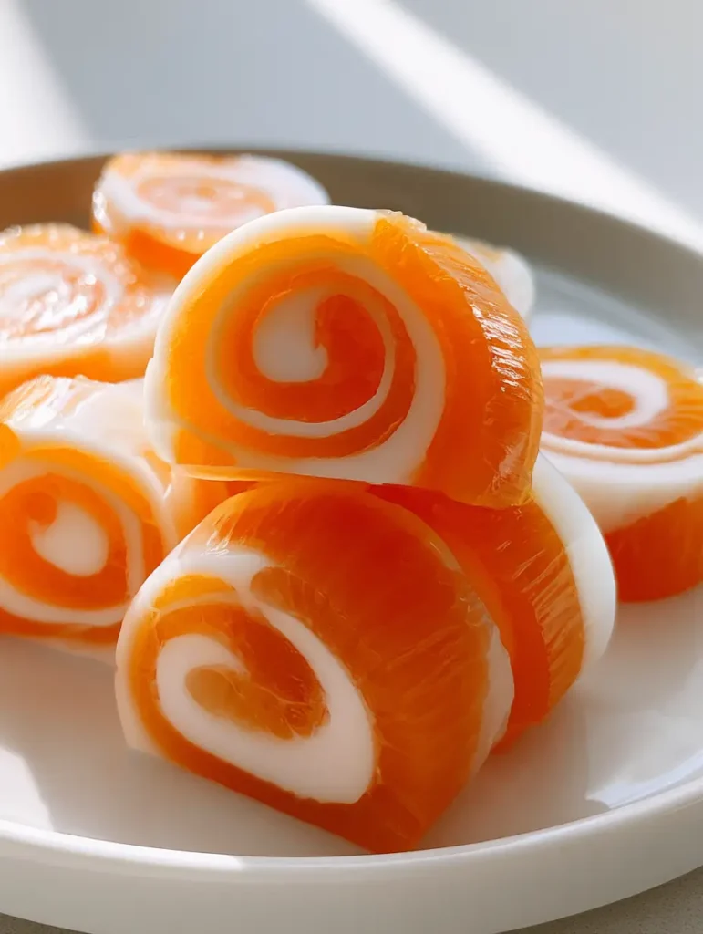 A handheld smartphone photo showing the vibrant orange and opaque white layers of Creamsicle Vodka Jello Rollups in natural daylight.