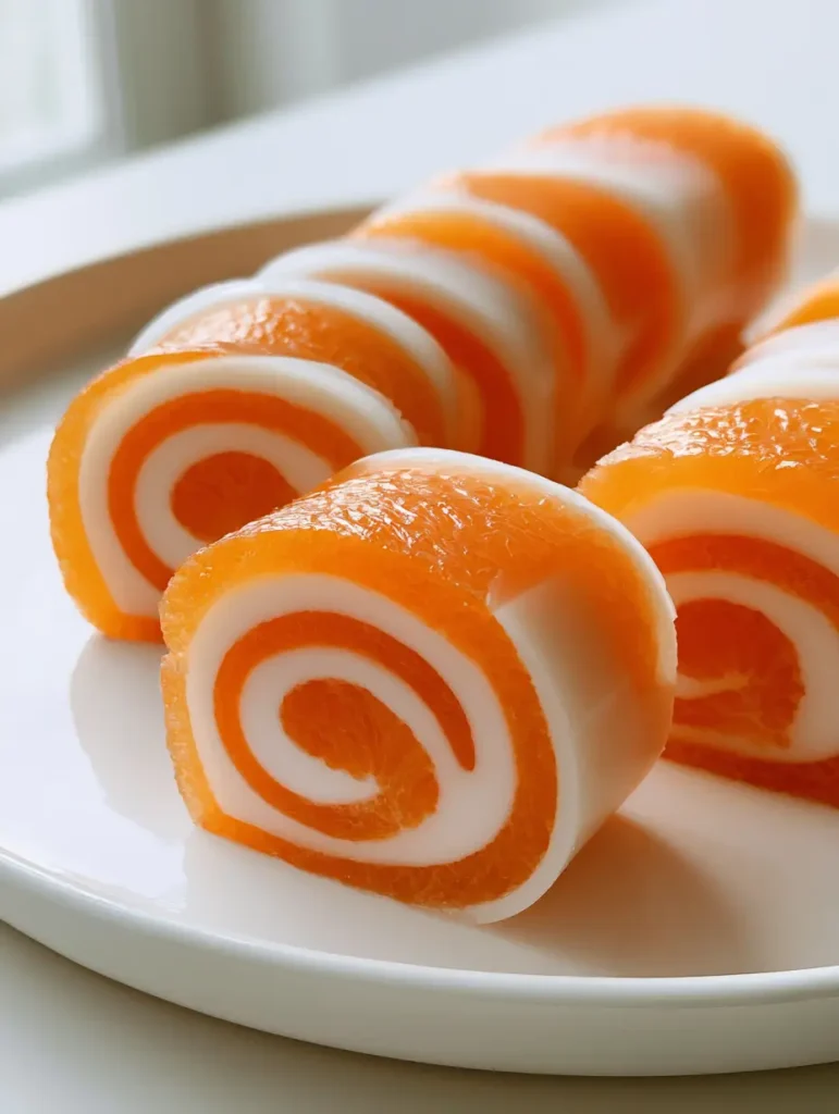 Creamsicle Vodka Jello Rollups: The Ultimate Boozy Party Treat 1 A minimalist view of sliced Creamsicle Vodka Jello Rollups on a white ceramic plate, showcasing the uniform cylindrical shape.