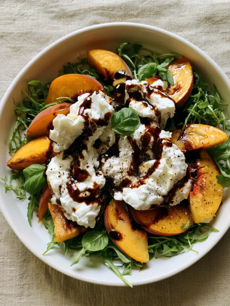 Peach Burrata Salad: The Ultimate Summer Appetizer with Caramelized Peaches 1 Top down view of Peach Burrata Salad in a white ceramic bowl with thick balsamic drizzle and fresh basil.