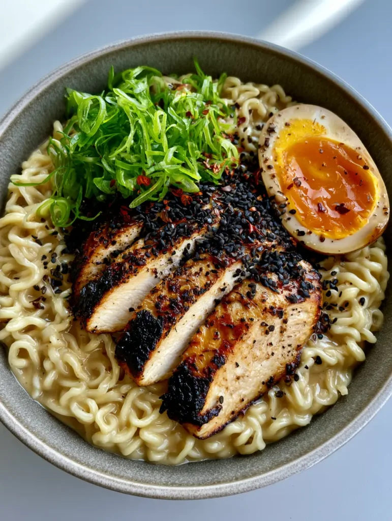 Garlic Chicken Ramen with a Velvety Miso Cream Sauce 2 Close-up of wavy ramen noodles coated in a light-brown creamy garlic sauce with seared chicken. (Garlic Chicken Ramen)