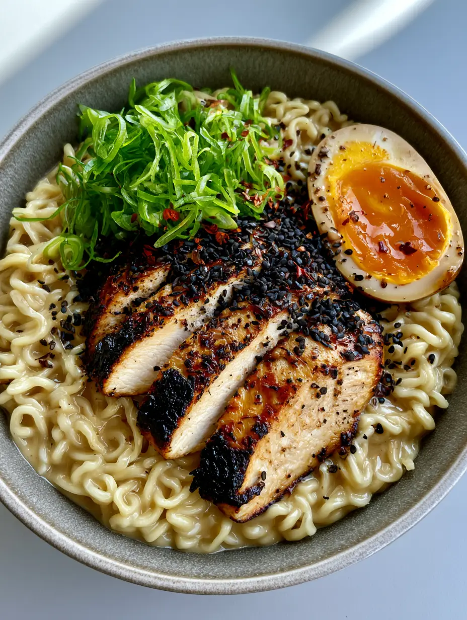 Garlic Chicken Ramen with a Velvety Miso Cream Sauce 3 Close-up of wavy ramen noodles coated in a light-brown creamy garlic sauce with seared chicken. (Garlic Chicken Ramen)