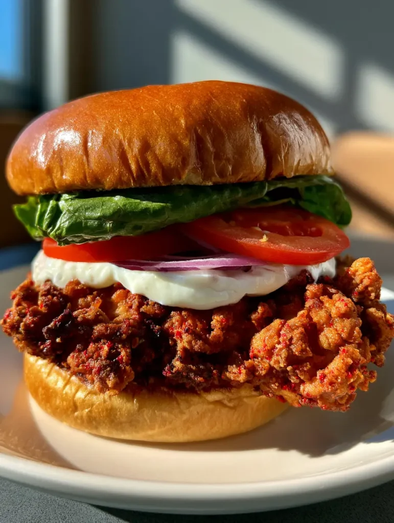 Cajun Crispy Chicken Sandwich: The Ultimate Spicy Fried Chicken Recipe 2 Close-up of a Cajun Crispy Chicken Sandwich showing the thick, jagged breading and creamy garlic aioli.