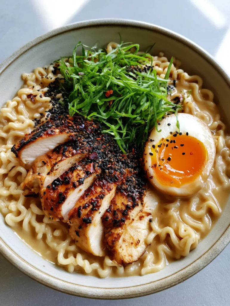 Garlic Chicken Ramen with a Velvety Miso Cream Sauce 1 Plating Garlic Chicken Ramen with jammy orange eggs and scallions in a matte gray bowl.