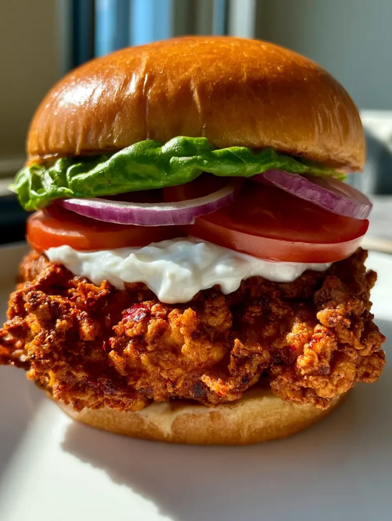 Cajun Crispy Chicken Sandwich: The Ultimate Spicy Fried Chicken Recipe 1 A side view of the Cajun Crispy Chicken Sandwich with layers of lettuce, tomato, and raw red onion rings.