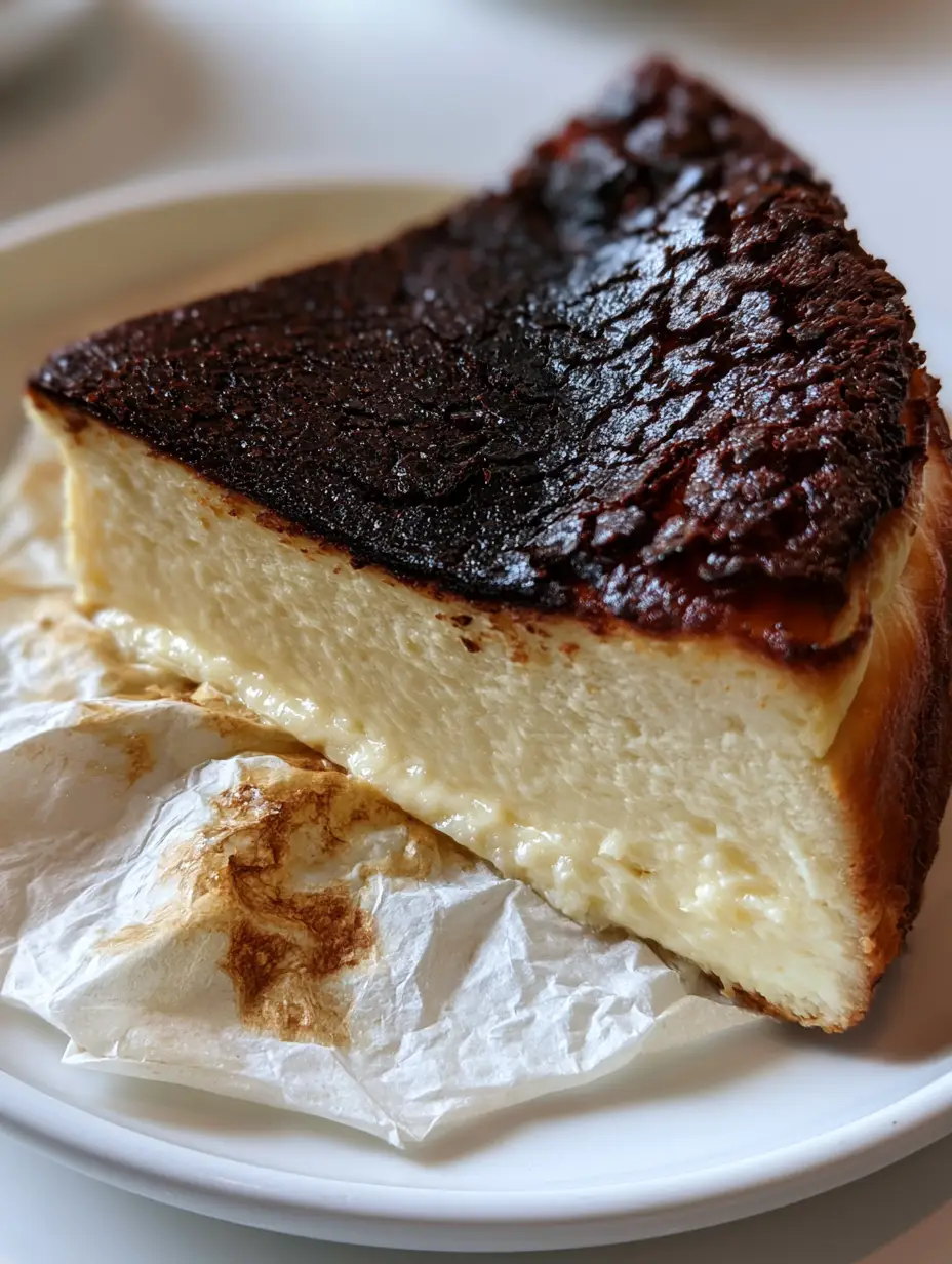 San Sebastian Burnt Cheesecake: The Ultimate Creamy Basque Recipe 3 A single slice of San Sebastian Burnt Cheesecake showing the contrast between the dark burnt top and the pale creamy ivory interior.