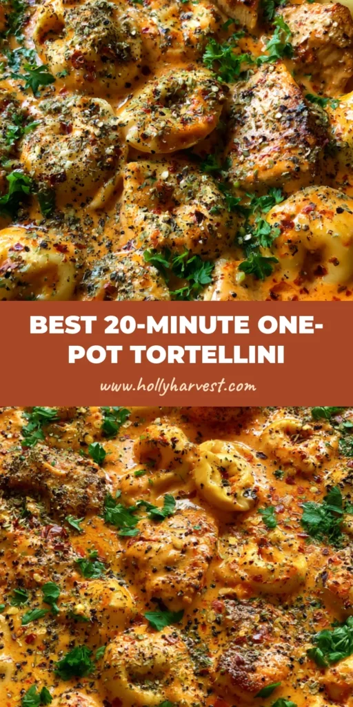 A top-down view of a black cast iron skillet containing Spicy Garlic Butter Chicken Tortellini with a vibrant orange-tinted sauce and fresh parsley garnish.