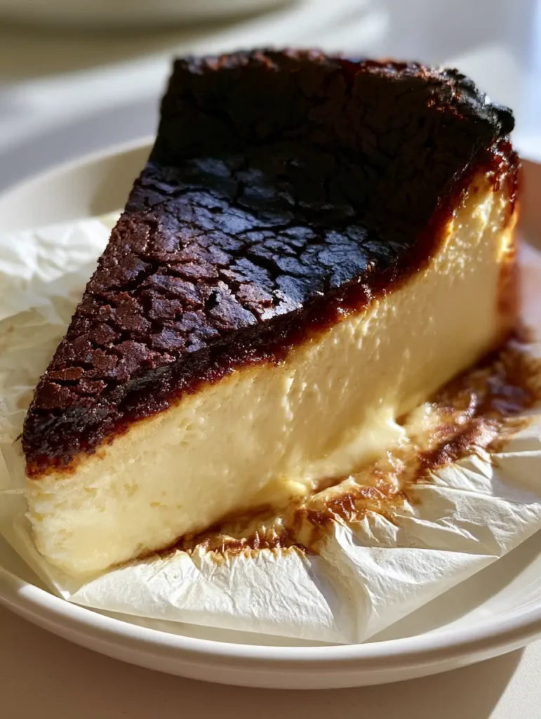 San Sebastian Burnt Cheesecake: The Ultimate Creamy Basque Recipe 1 Close up shot of the crackled, dark brown top of a San Sebastian Burnt Cheesecake sitting on a white ceramic plate.