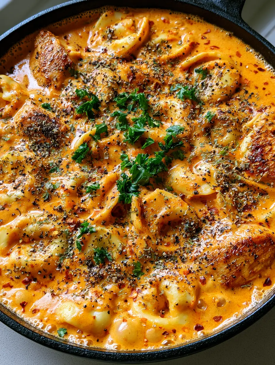 Close-up shot of simmering Spicy Garlic Butter Chicken Tortellini showing red pepper flakes and glossy sauce texture in a cast iron skillet.