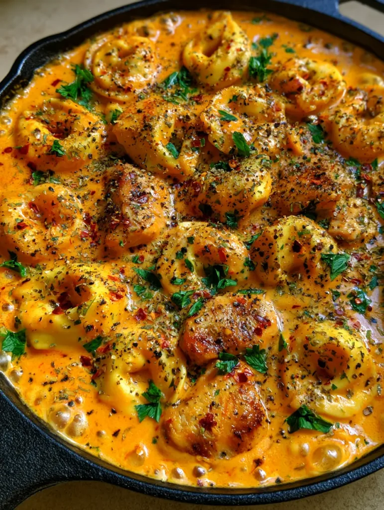 A handheld smartphone photo style shot of Spicy Garlic Butter Chicken Tortellini with seared chicken pieces and bright green parsley.