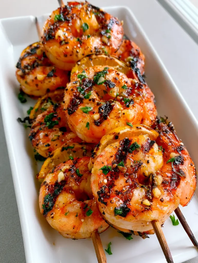 Grilled Shrimp Skewers with Lemon Garlic Herb Marinade 1 Wooden skewers stacked with pink shrimp and charred lemon half-moons on a ceramic plate.
