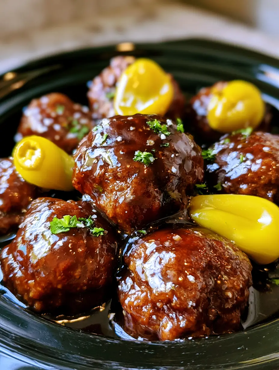 Crockpot Mississippi Meatballs: The Ultimate Savory and Tangy Slow Cooker Comfort Food 4 Authentic mobile photo of meatballs coated in glossy dark brown au jus gravy with yellow-green peppers. (Crockpot Mississippi Meatballs)