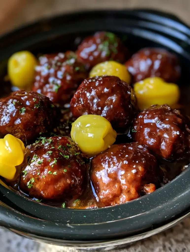 Crockpot Mississippi Meatballs: The Ultimate Savory and Tangy Slow Cooker Comfort Food 1 Close-up of simmered round meatballs with white specks of ranch seasoning and green parsley in a dark ceramic bowl.