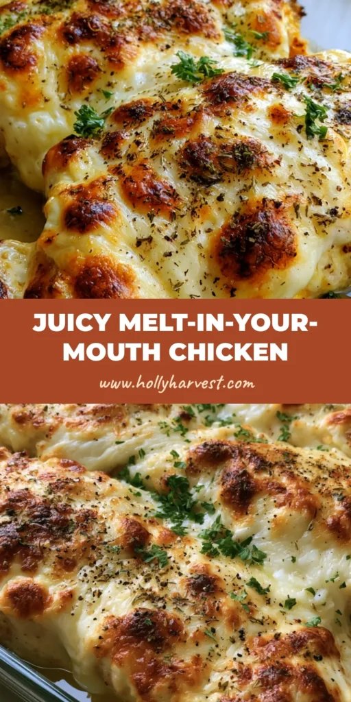 Melt In Your Mouth Chicken Breast with a Creamy Parmesan Crust 4 A close up of golden-brown baked chicken breasts with a thick, bubbly parmesan crust in a glass dish. (Melt In Your Mouth Chicken Breast)