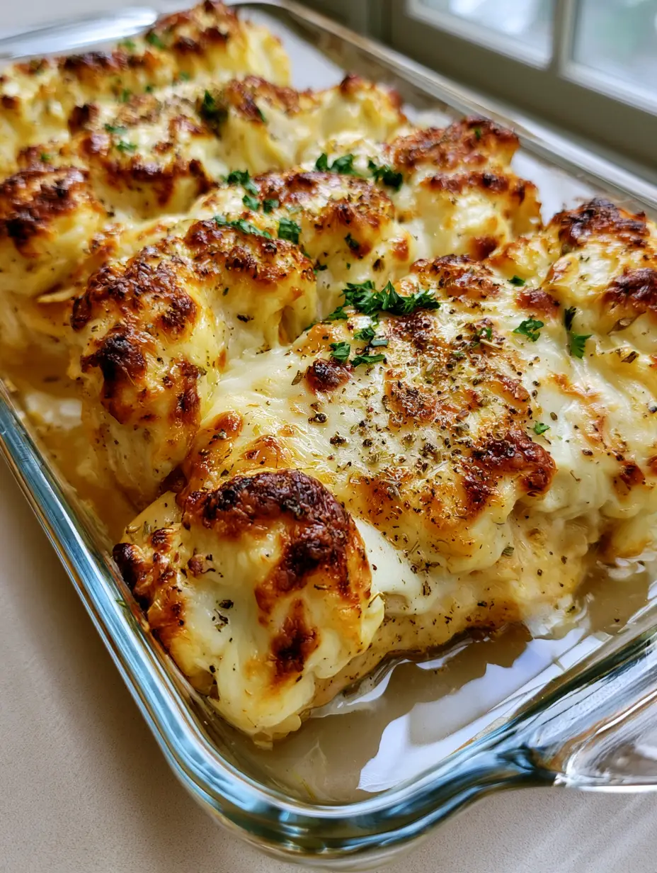 Melt In Your Mouth Chicken Breast with a Creamy Parmesan Crust 3 Handheld photo of Melt In Your Mouth Chicken Breast in a glass casserole dish with charred brown spots and fresh parsley garnish.