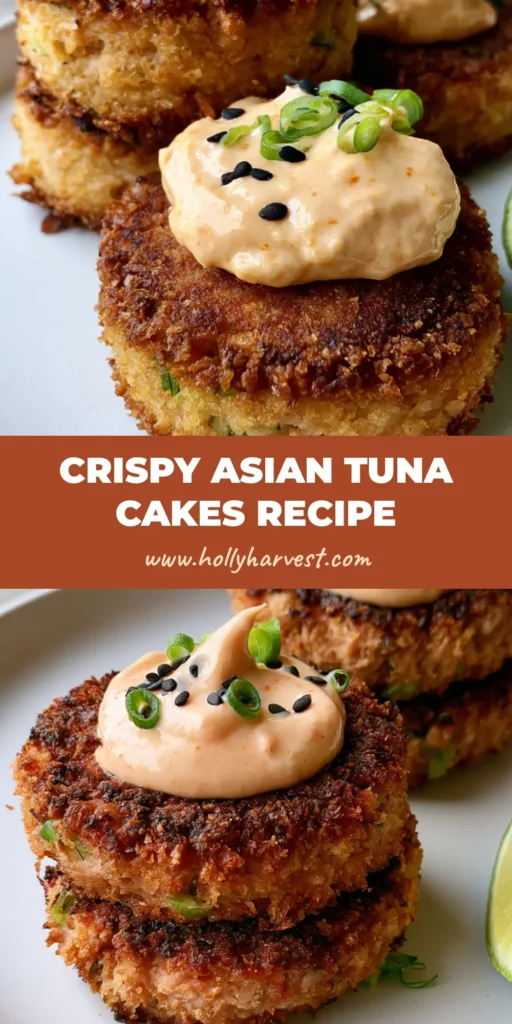 A stack of three crispy Asian Tuna Cakes on a white plate with sriracha mayo and green scallions.