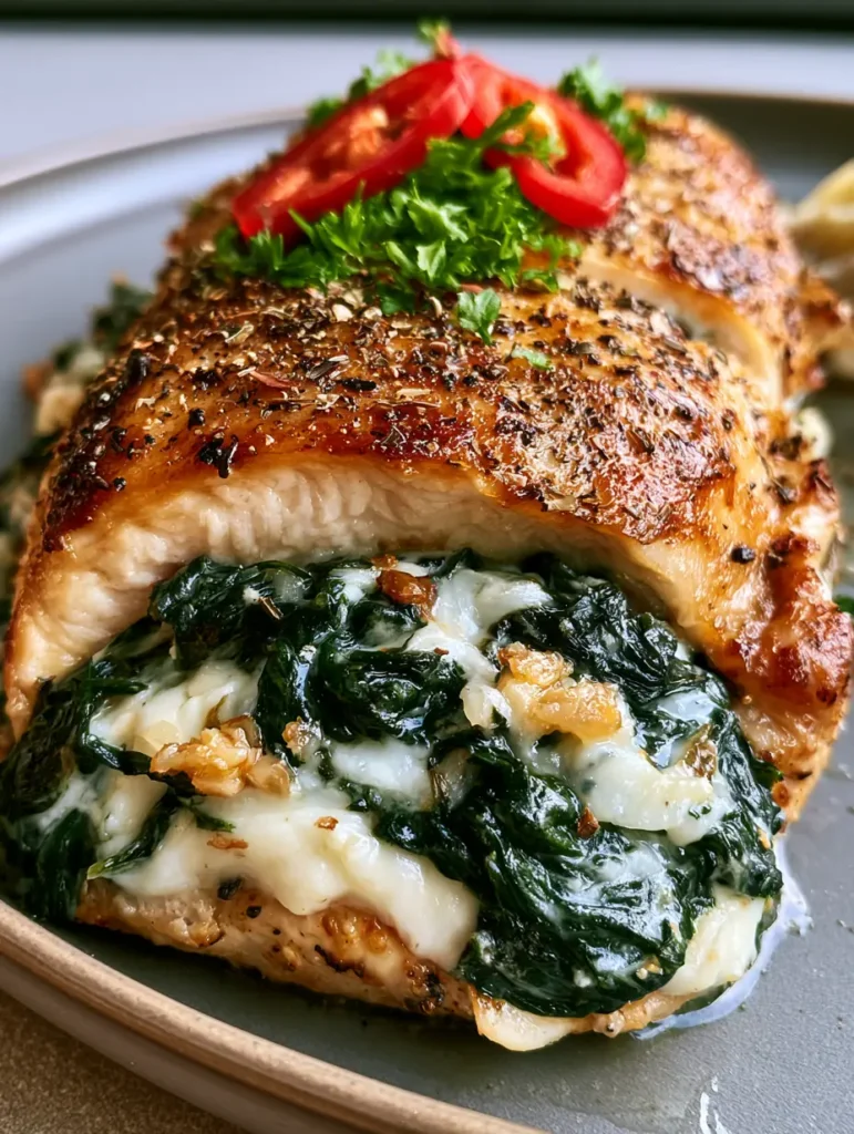 Slicing into Garlic Spinach Stuffed Chicken showing the thick cream cheese and dark green spinach filling.