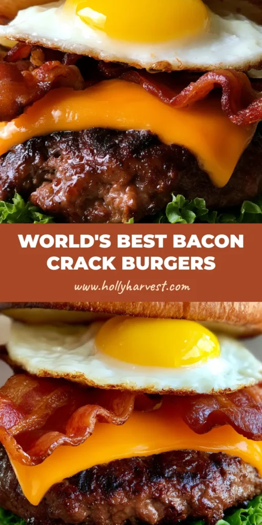 Crack Burgers: The Ultimate Bacon Egg Cheeseburger Recipe 4 A close-up vertical shot of a Crack Burger showing the runny egg yolk dripping over crispy bacon and a melted cheddar cheeseburger.