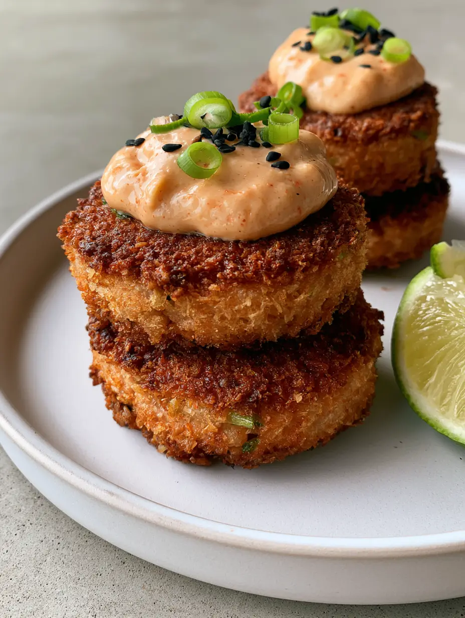 Close up of pan-fried Asian Tuna Cakes with charred crispy edges and thick sriracha mayo dollop.