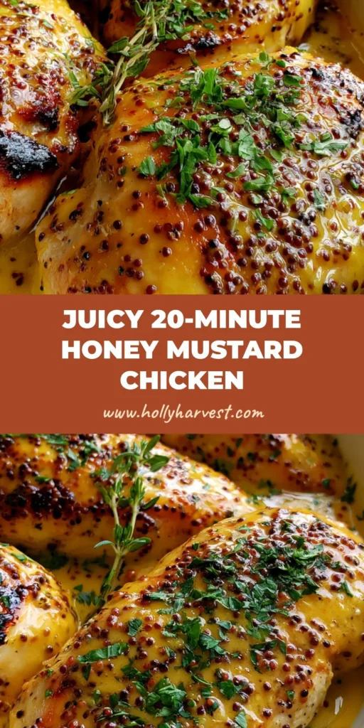 Honey Mustard Chicken with Caramelized Edges and Whole Grain Mustard 4 A close-up shot of caramelized Honey Mustard Chicken in a ceramic dish garnished with fresh parsley and thyme.