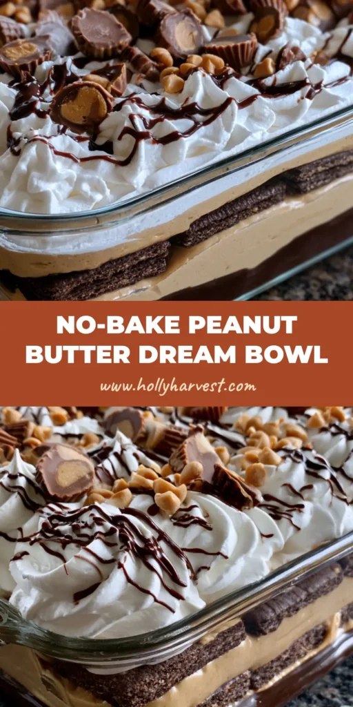 No-Bake Peanut Butter Dessert with Dark Chocolate Ganache 4 A close-up of a No-Bake Peanut Butter Dessert in a glass dish with layers of chocolate crackers and tan mousse topped with piped cream and mini PB cups.