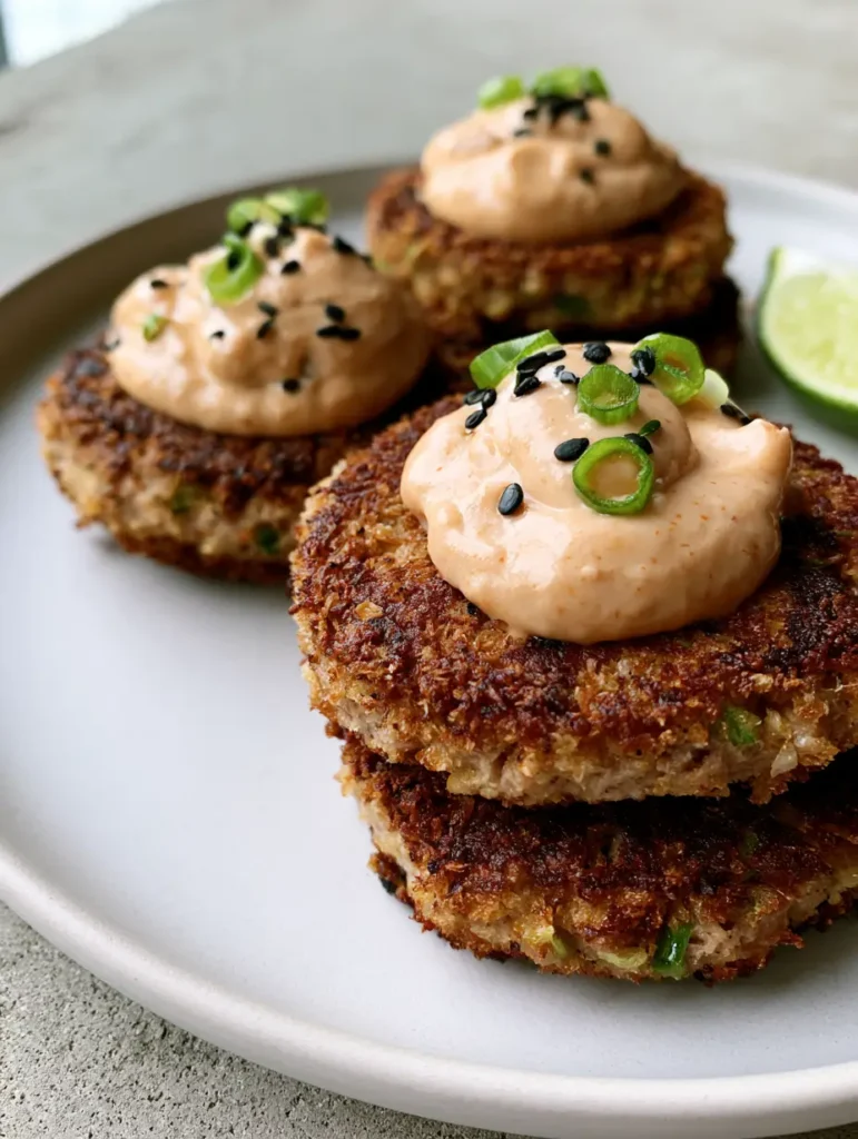 Three thick circular Asian Tuna Cakes garnished with black sesame seeds and scallion rings.
