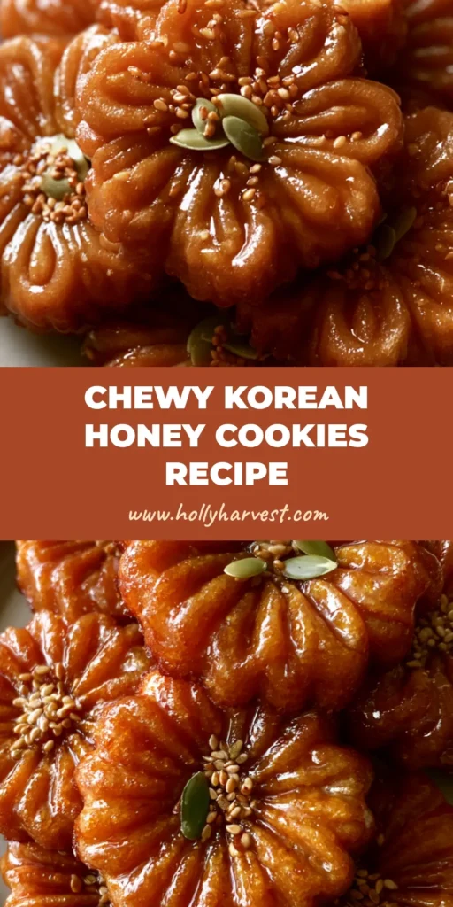 A stack of glossy flower-shaped Yakgwa Korean Honey Cookies on a ceramic plate, garnished with sesame and pumpkin seeds.