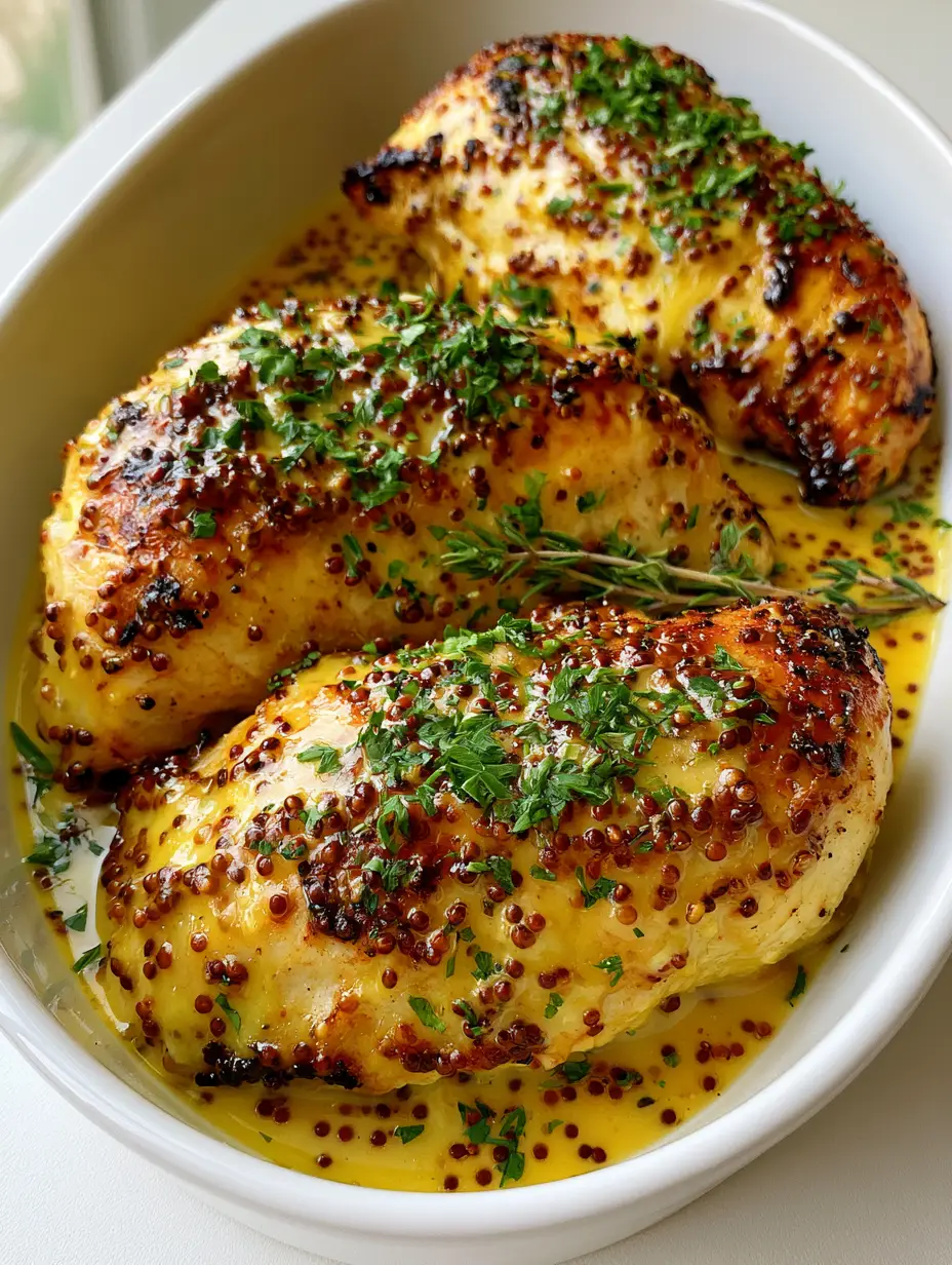 Honey Mustard Chicken with Caramelized Edges and Whole Grain Mustard 3 Top-down view of pan-seared Honey Mustard Chicken with golden-yellow glaze and charred edges.
