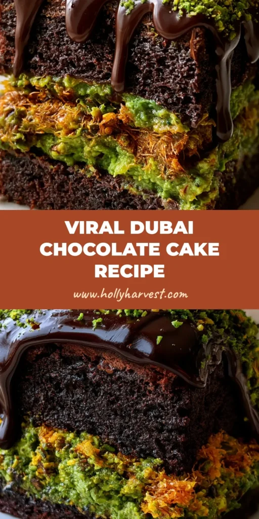 Dubai Chocolate Pistachio Cake with Toasted Kataifi and Glossy Ganache 4 A tall slice of Dubai Chocolate Pistachio Cake on a white plate showing layers of dark sponge and vibrant green pistachio cream. (Dubai Chocolate Pistachio Cake)