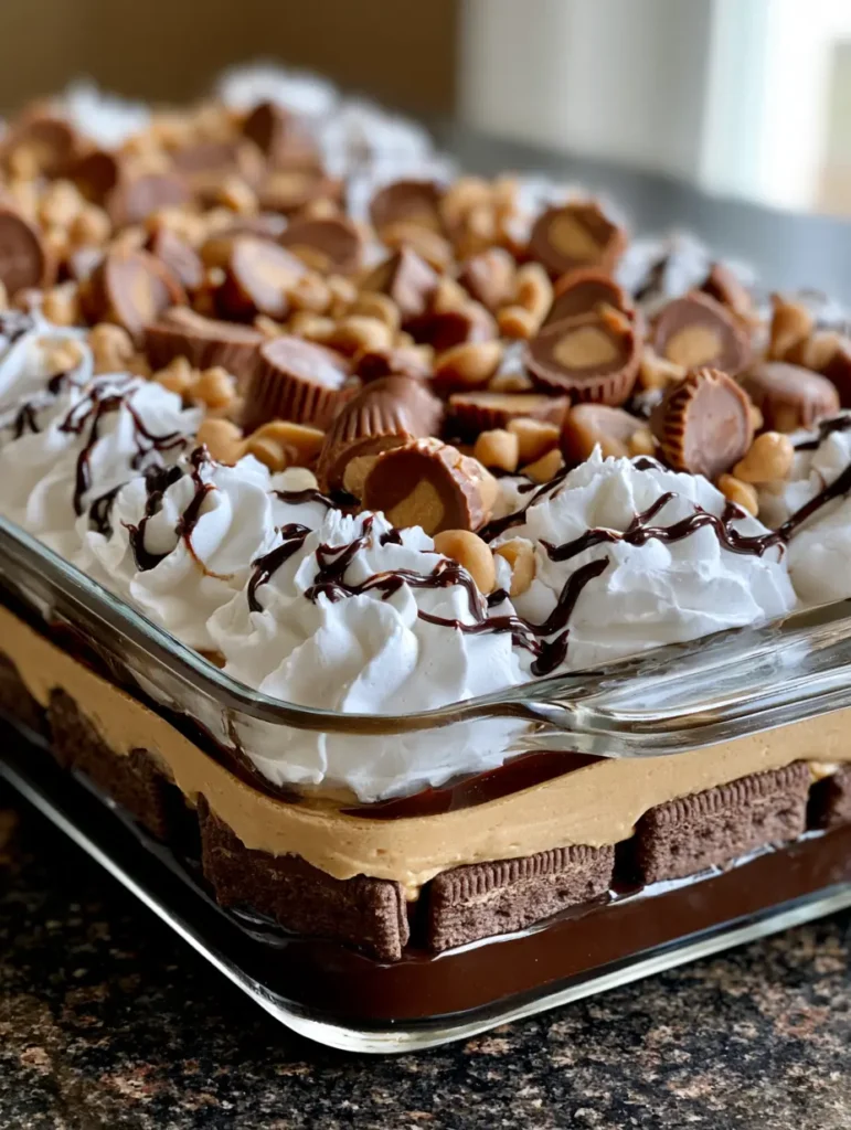 A side-angle handheld photo of a No-Bake Peanut Butter Dessert showing the dark chocolate ganache foundation and mousse layers on a granite countertop.