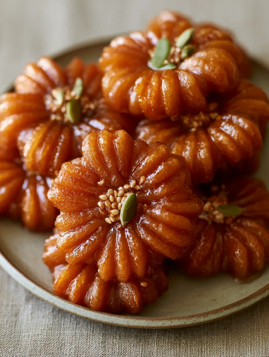 Close-up of deep golden-brown Yakgwa Korean Honey Cookies showing intricate petal ridges and honey glaze.
