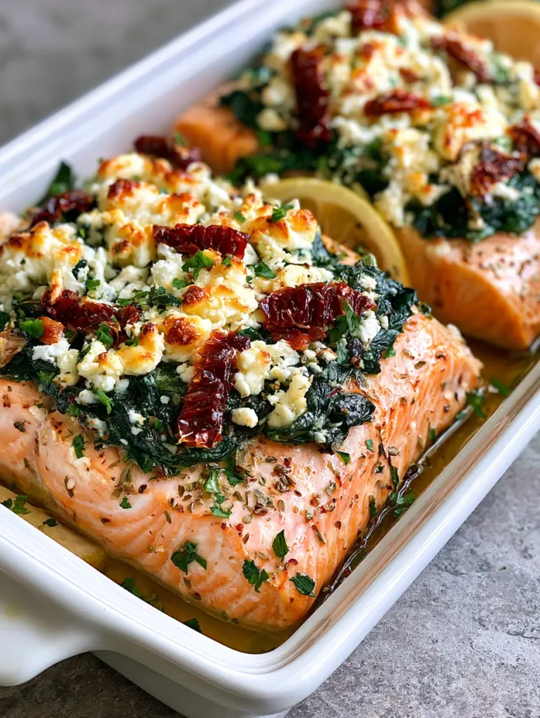 Mediterranean Baked Salmon: The Ultimate Recipe for Flaky, Flavor-Rich Seafood 1 Detailed shot of flaky salmon topped with golden-brown feta cheese and sun-dried tomatoes.