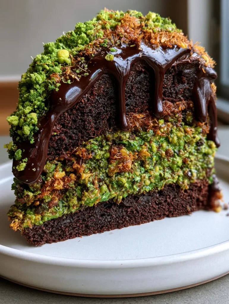 Close up of a tall slice of Dubai Chocolate Pistachio Cake with glossy dark chocolate ganache and crushed raw pistachios. (Dubai Chocolate Pistachio Cake)